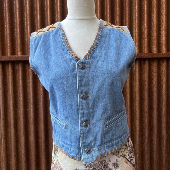 Sap Man Denim Vest Womens Size Medium Leather Trim Lace Detail Southwest Cowgirl - Picture 1 of 13